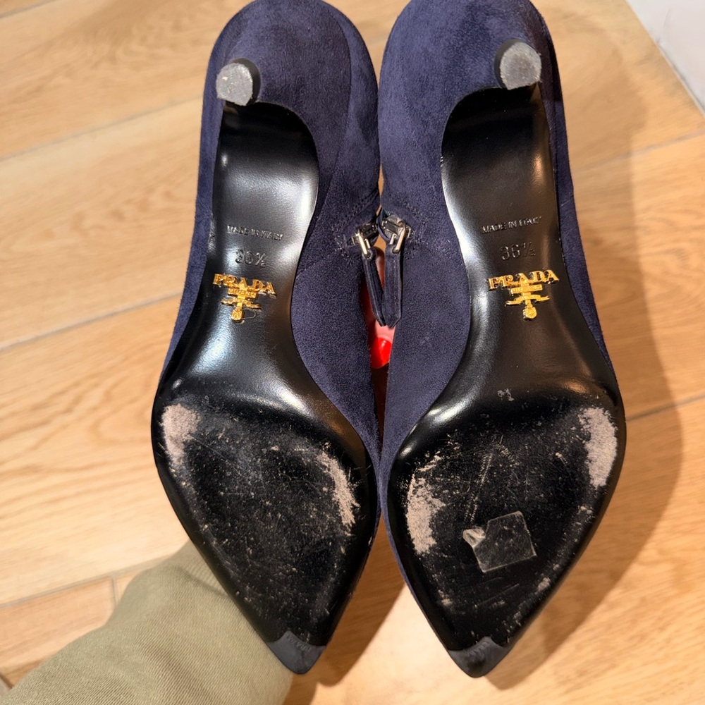 Prada Navy Suede Kitten Heel Ankle Boots - Picture 7 of 8